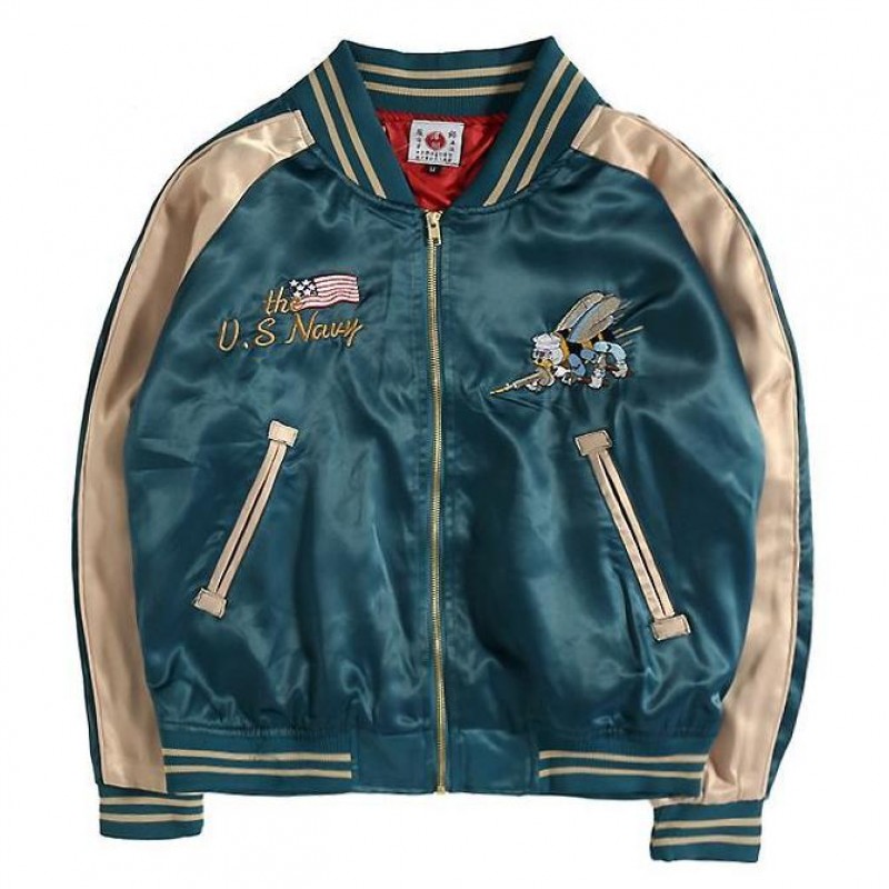 Teal US Navy Satin Embroidery Mens Aviator Baseball Yokosuka Bomber Jacket