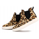 Khaki Leopard Print Pony Fur High Top Chelsea Ankle Boots Sneakers Shoes