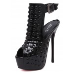 Black Patent Leather Studs Peeptoe Stiletto High Heels Platforms Ankle Boots Shoes