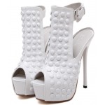 White Patent Leather Studs Peeptoe Stiletto High Heels Platforms Ankle Boots Shoes
