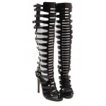 Black Straps Buckles Hollow Out Gladiator Roman Knee Stiletto High Heels Boots Shoes