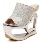 Silver Glitter Bling Bling Platforms Heart Hollow Out Wedges Sandals Bridal Shoes