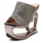 Grey Silver Glitter Bling Bling Platforms Heart Hollow Out Wedges Sandals Bridal Shoes