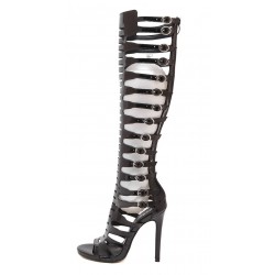 Black Straps Buckles Hollow Out Gladiator Roman Knee Stiletto High Heels Boots Shoes