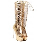 Gold Hollow Out Evening Gladiator Roman Platforms Stiletto High Heels Boots Shoes