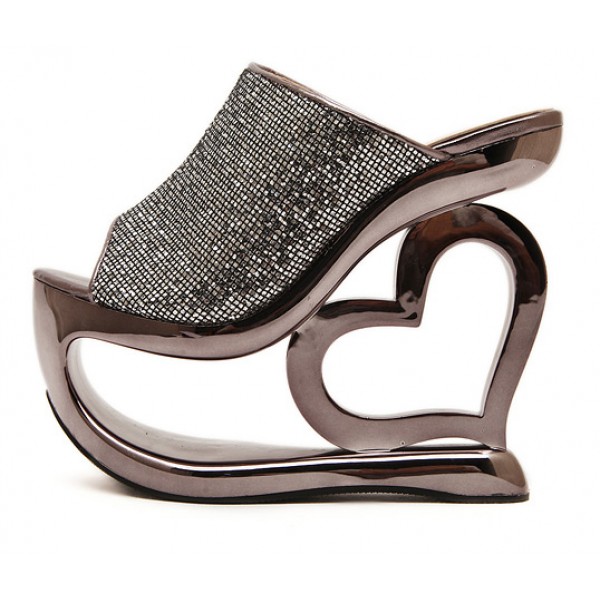 Grey Silver Glitter Bling Bling Platforms Heart Hollow Out Wedges Sandals Bridal Shoes