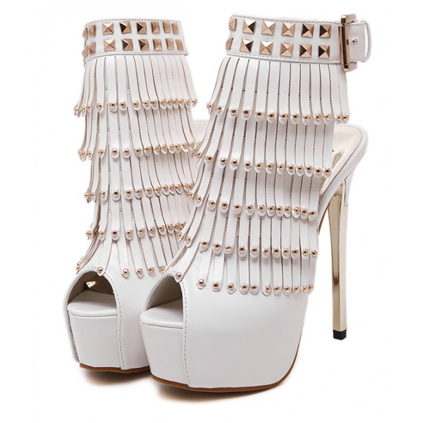 White Gold Studs Fringes Peeptoe Stiletto High Heels Platforms Ankle Boots Shoes