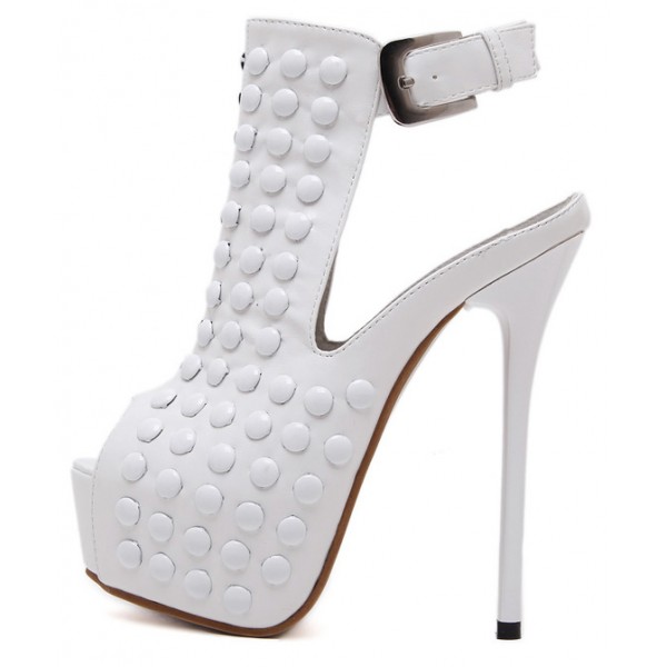 White Patent Leather Studs Peeptoe Stiletto High Heels Platforms Ankle Boots Shoes