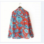 Red Blue Flowers Florals Vintage Retro Pattern Long Sleeves Blouse Shirt