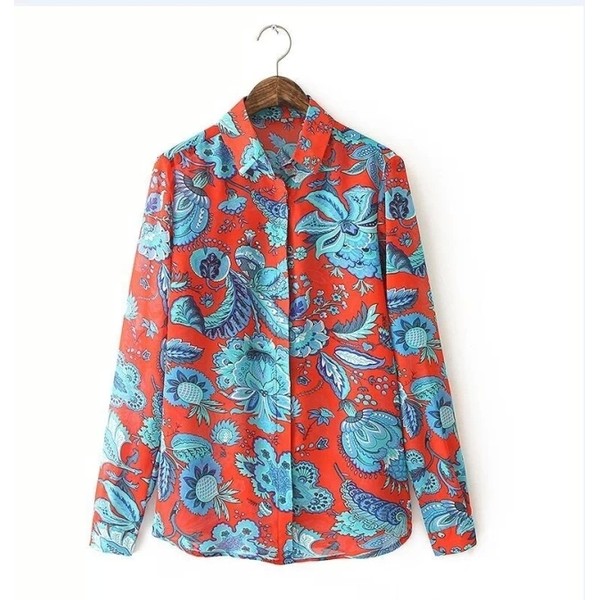 Red Blue Flowers Florals Vintage Retro Pattern Long Sleeves Blouse Shirt