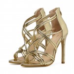 Gold Metallic Cross Strappy Bridal Evening Gown High Heels Stiletto Sandals Shoes