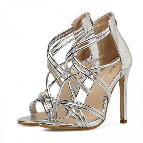 SIlver Metallic Cross Strappy Bridal Evening Gown High Heels Stiletto Sandals Shoes