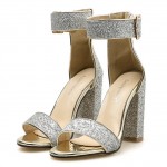SIlver Glittering Bling Bling Sexy High Block Heels Sandals Shoes