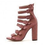 Pink Suede Strappy High Block Heels Sandals Shoes
