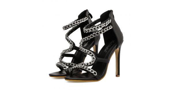Black Silver Chain Swirl High Heels Stiletto Sandals Shoes