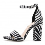 White Zebra Print Block High Heels Sandals Shoes