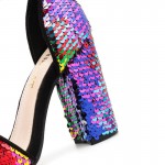 Black Rainbow Sequins Evening Gown High Block Heels Sandals Shoes