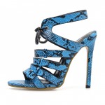 Blue Snake Print Strappy Lace Up High Heels Stiletto Sandals Shoes