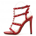 Red Thin Strap Square Studs Night Gown Sexy High Heels Stiletto Sandals Shoes
