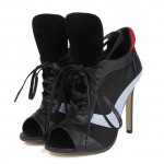 Black Peeptoe Sneakers Funky Lace Up High Heels Stiletto Sandals Shoes