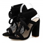 Black Sheer Net Sexy Peeptoe Strappy Boots Block High Heels Sandals Shoes