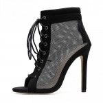 Black Sheer Lace Up Sneakers Boots High Heels Stiletto Sandals Shoes