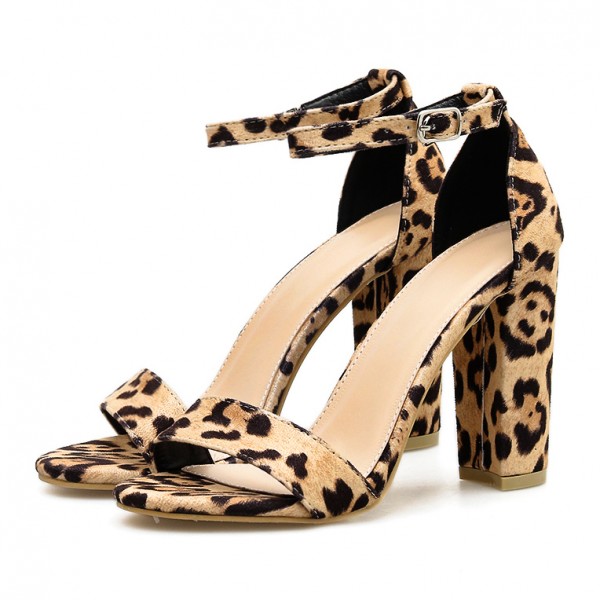Khaki Leopard Print Block High Heels Sandals Shoes