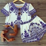 White Blue Short Sleeves Vintage Cropped Top Shorts Two Piece Set