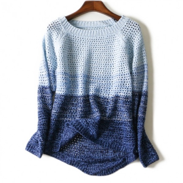 Blue Gradual Long Sleeves Knit Long Sleeves Sweater