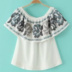 White Blue Vintage Ethnic Flowers Embroidery Off Shoulder Top Blouse
