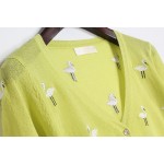 Green Lime Embroidery Cranes Brids Mid Sleeves Cropped Cardigan Outer Jacket