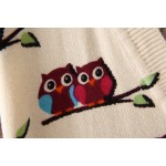 Cream Owls Birds Long Sleeves Cardigan Outer Jacket