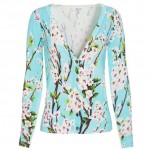 Blue Oriental White Blossoms Long Sleeves Cardigan Outer Jacket