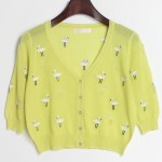 Green Lime Embroidery Cranes Brids Mid Sleeves Cropped Cardigan Outer Jacket