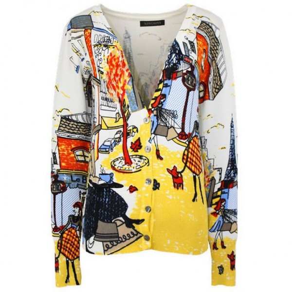White Cafe Oil Painting Long Sleeves Cardigan Outer Jacket