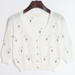 White Embroidery Cranes Brids Mid Sleeves Cropped Cardigan Outer Jacket