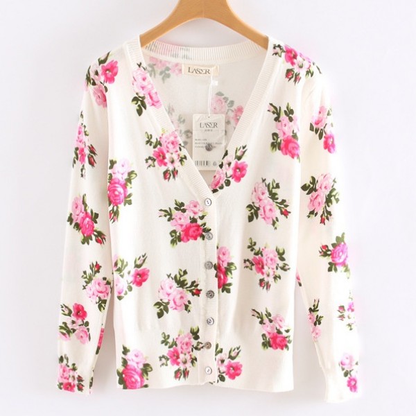 White Pink Vintage Roses Flowers Long Sleeves Cardigan Outer Jacket