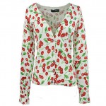 White Red Cherry Long Sleeves Cardigan Outer Jacket