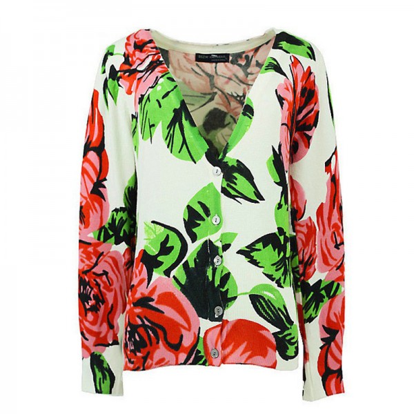 White Red Roses Florals Long Sleeves Cardigan Outer Jacket