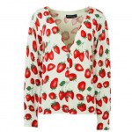 White Red Strawberry Long Sleeves Cardigan Outer Jacket