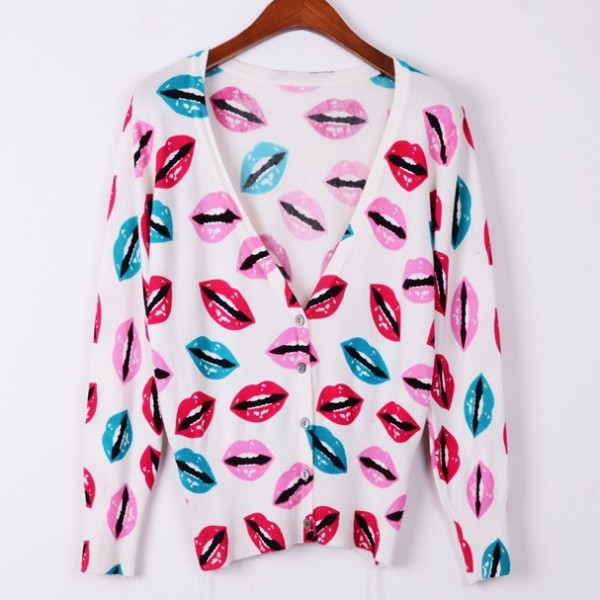 White Sexy Lips Mouths Print Long Sleeves Cardigan Outer Jacket