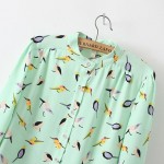 Green Birds Retro Pattern Chiffon Long Sleeves Blouse Shirt