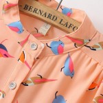 Peach Orange Birds Retro Pattern Chiffon Long Sleeves Blouse Shirt