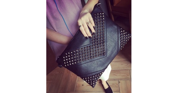 Black Square Spikes Studs Punk Rock Gothic Oversized Envelope Clutch Bag Purse