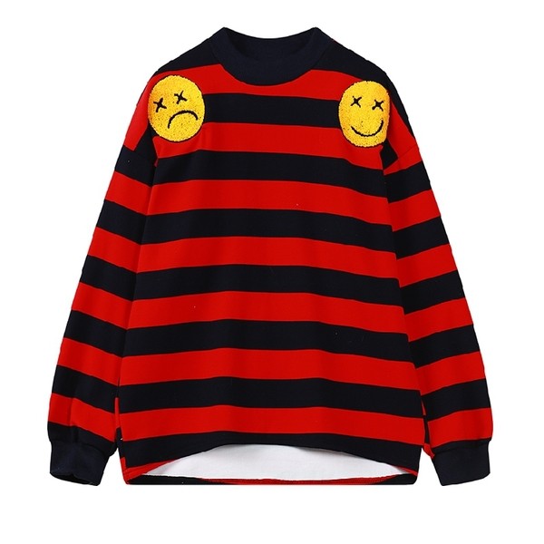 Red Black White Stripes Happy Face Harajuku Funky Long Sleeves Sweatshirt Top