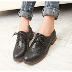 Black Leather Lace Up Vintage Womens Oxfords Flats Shoes