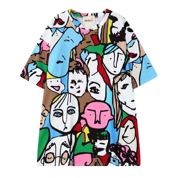 Colorful Abstract Faces Painting Graffiti Harajuku Funky Short Sleeves T Shirt Top