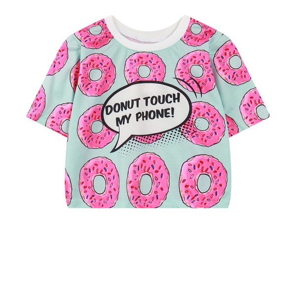 Blue Pink Donut Touch My Phone Cropped Funky Short Sleeves T Shirt Top