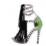 Black White Green Fringes Bohemia High Stiletto Heels Sandals Shoes Pump
