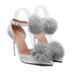Black Silver Fur Pom Point Head High Stiletto Heels Evening Bridal Gown Shoes